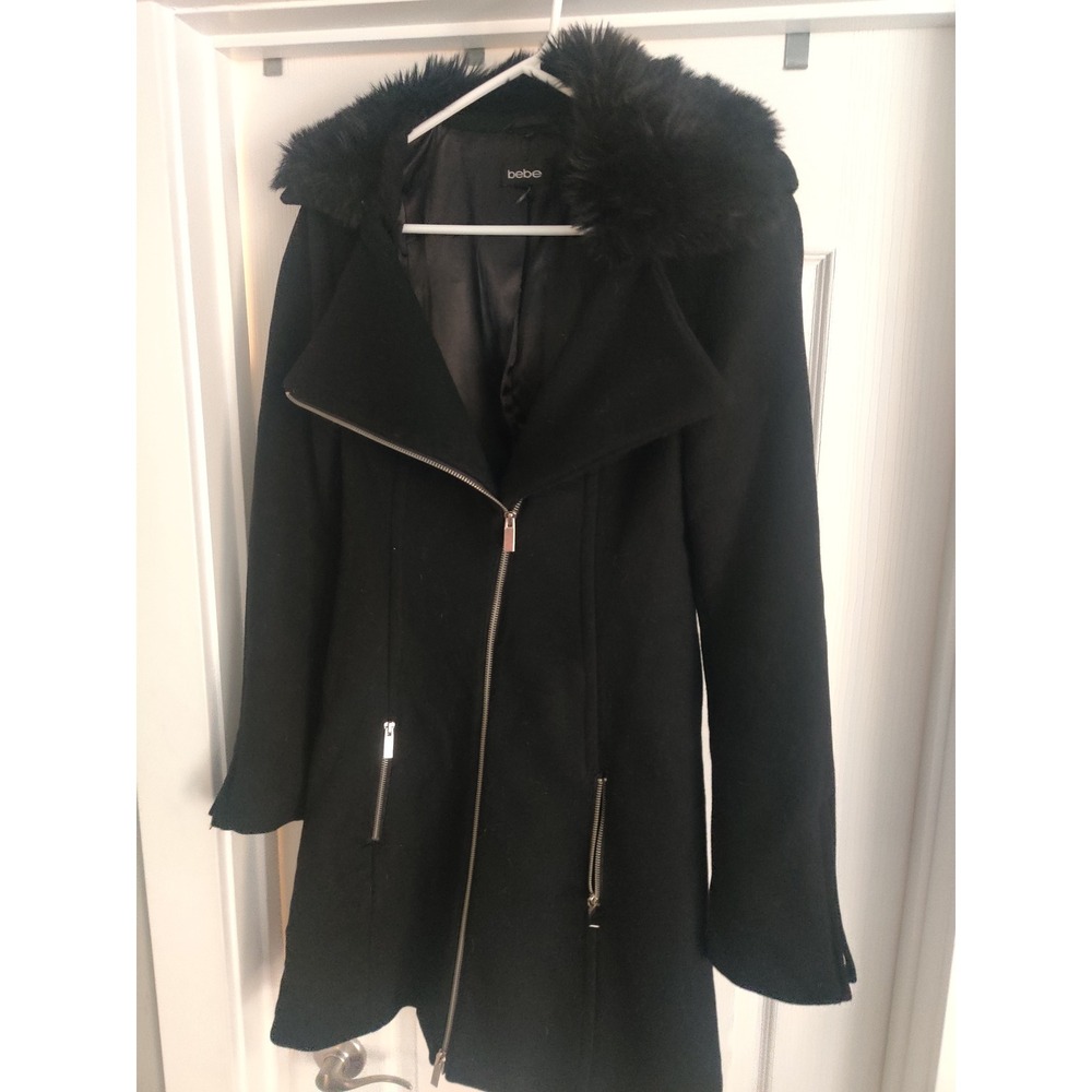 Bebe Womens Black Wool Blend Faux Fur Collar Asymmetrical Zip Trench Coat Jacket